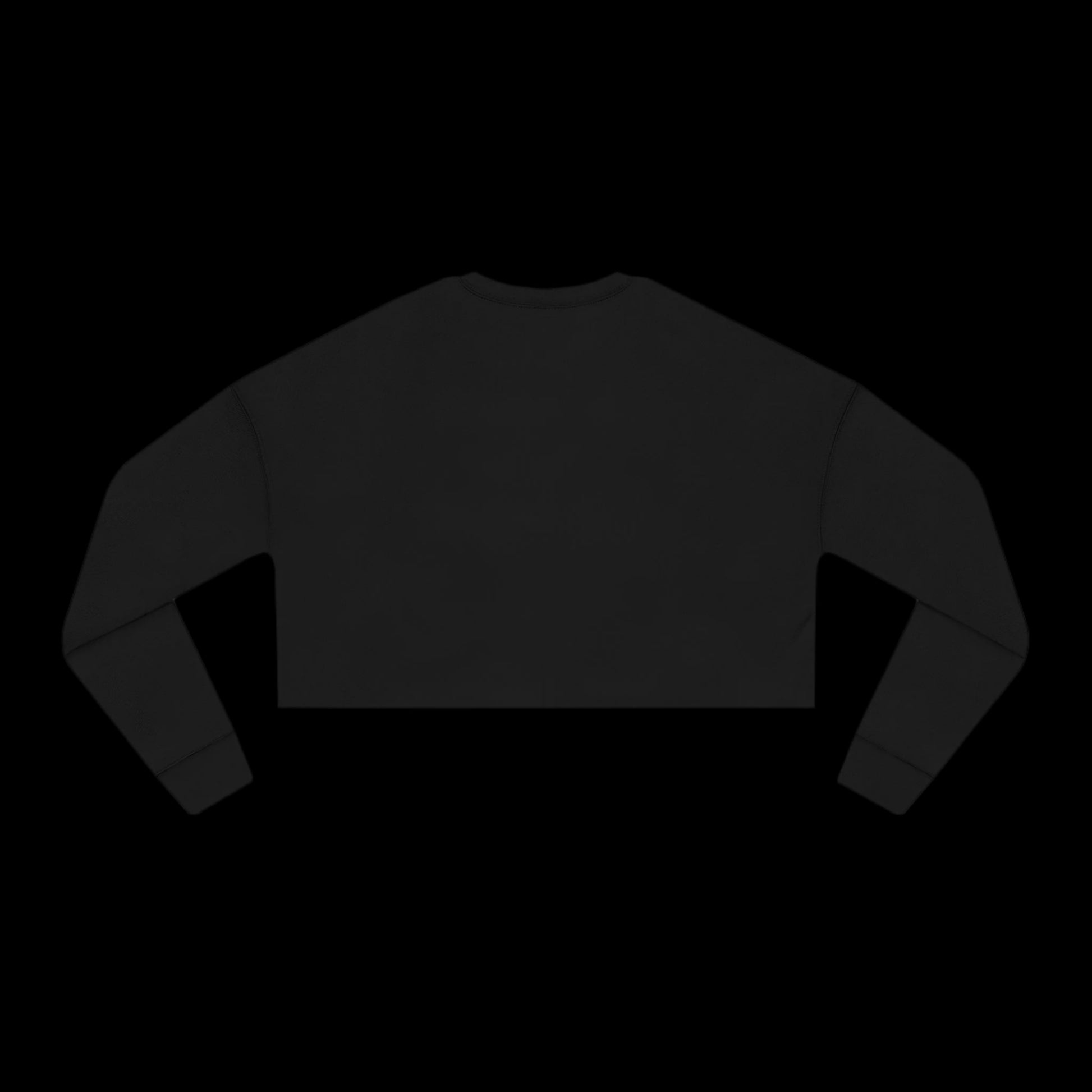 A womens black sweatshirt with a relaxed fit is displayed on a black background, shown from the back. This punk cropped sweatshirt features a simple, streamlined design with ribbed cuffs.