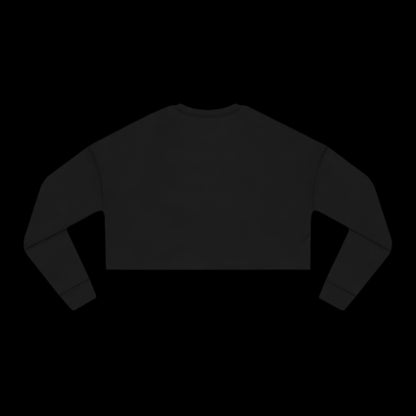 A womens black sweatshirt with a relaxed fit is displayed on a black background, shown from the back. This punk cropped sweatshirt features a simple, streamlined design with ribbed cuffs.