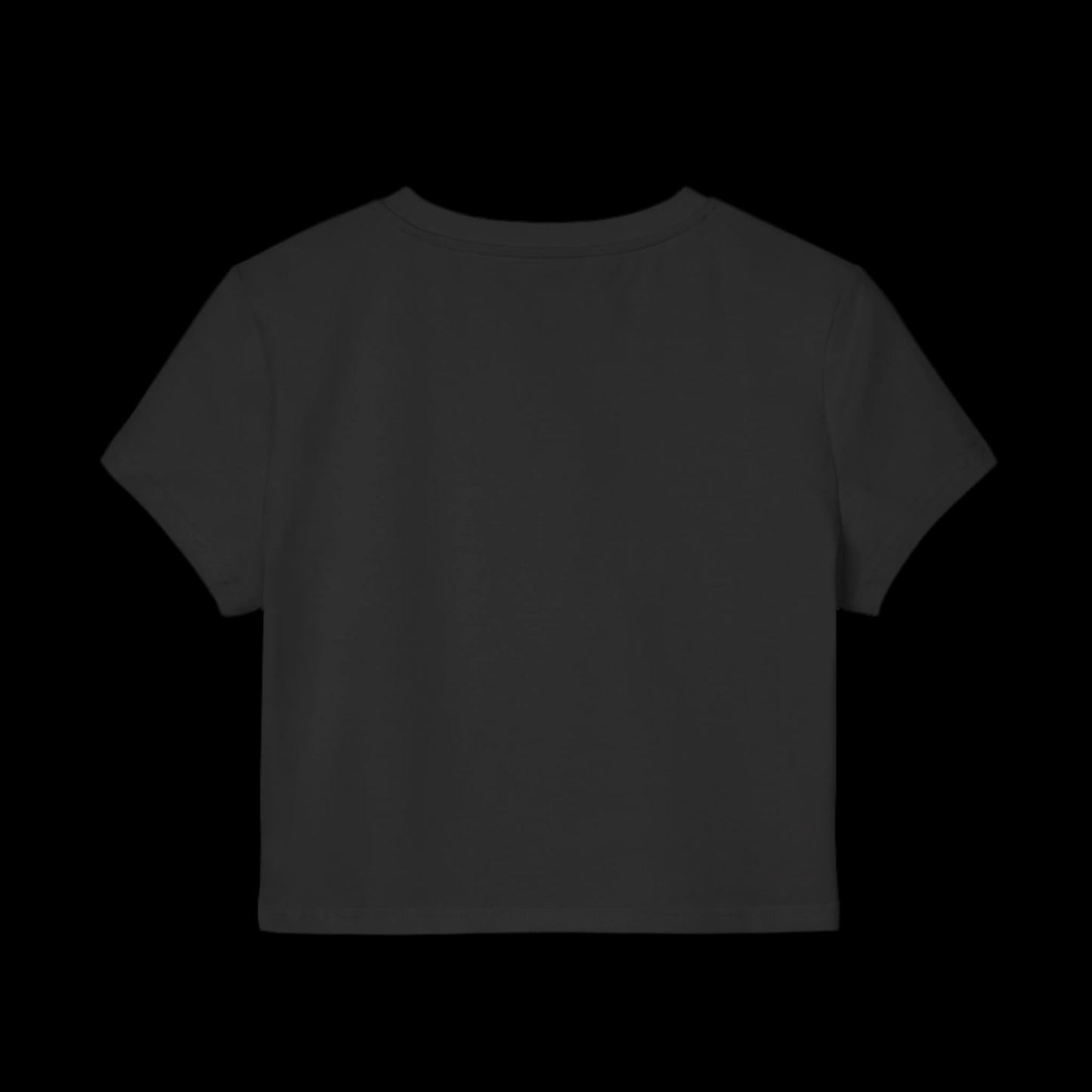 Black cropped T-shirt crafted from organic cotton, displayed against a solid black background. This baby tee features short sleeves and a minimalist design, seen from the front.