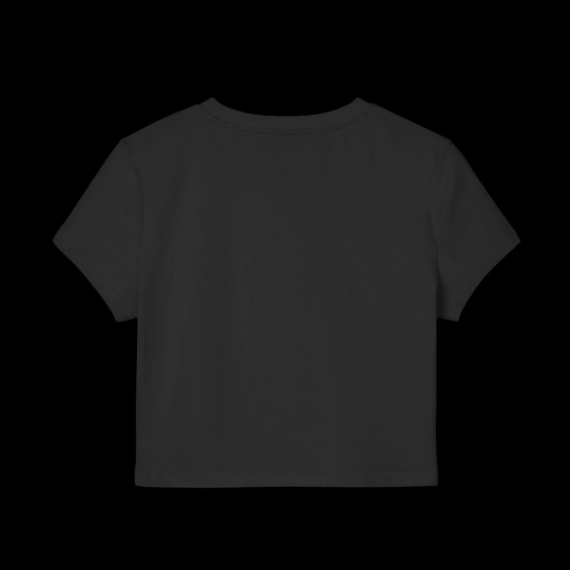 Black cropped T-shirt crafted from organic cotton, displayed against a solid black background. This baby tee features short sleeves and a minimalist design, seen from the front.