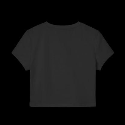 Black cropped T-shirt crafted from organic cotton, displayed against a solid black background. This baby tee features short sleeves and a minimalist design, seen from the front.