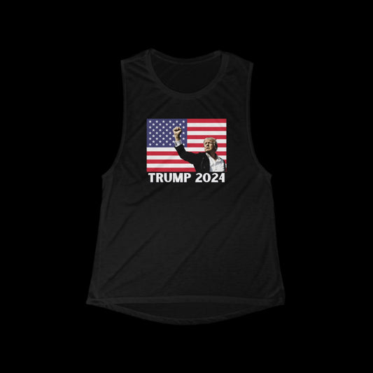 The Womens-Trump-American Flag-2024-Black-Scoop Muscle Tank is a black top with a torch illustration in front of an American flag and TRUMP 2024 text, ideal for those seeking athletic wear with political style.