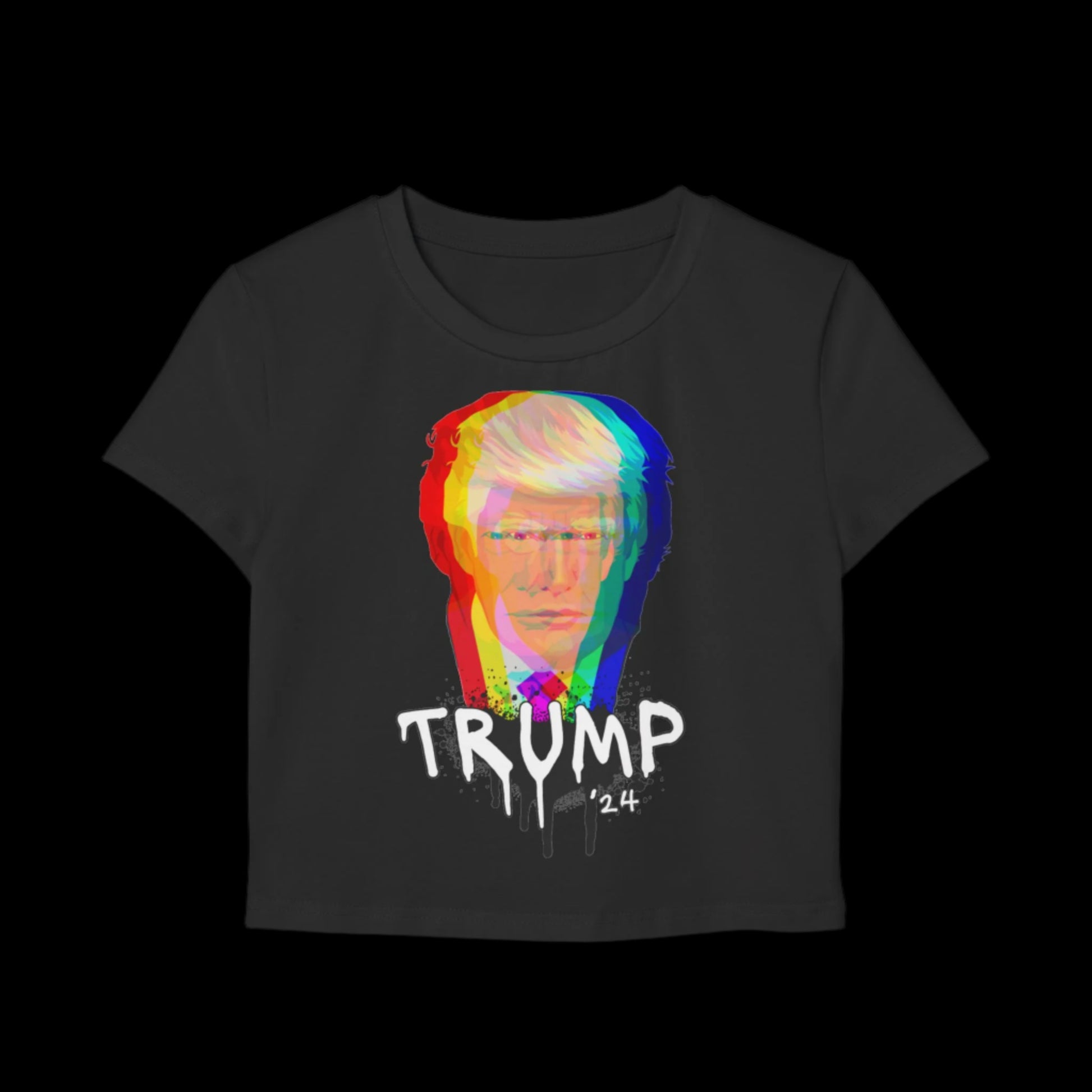 A black baby tee showcasing a stylized, multicolored image of a man with the text TRUMP 24 below it in white, dripping letters. Crafted from organic cotton, this design blends graffiti art with modern fashion ideals.