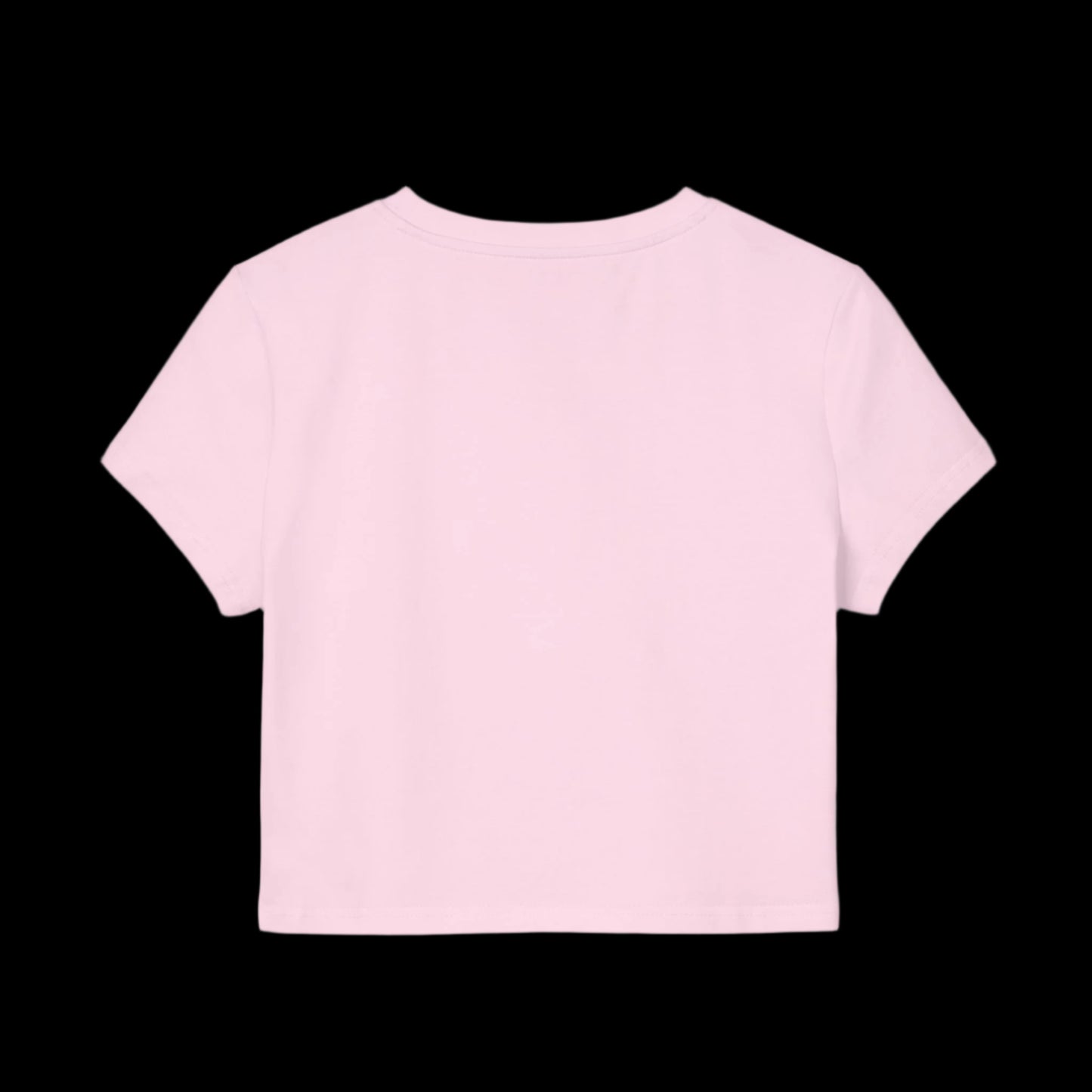 A light pink short-sleeved baby tee is shown on a black background. Crafted from soft organic cotton, the shirt is plain with no visible designs or logos, and the focus is on the back of the garment.