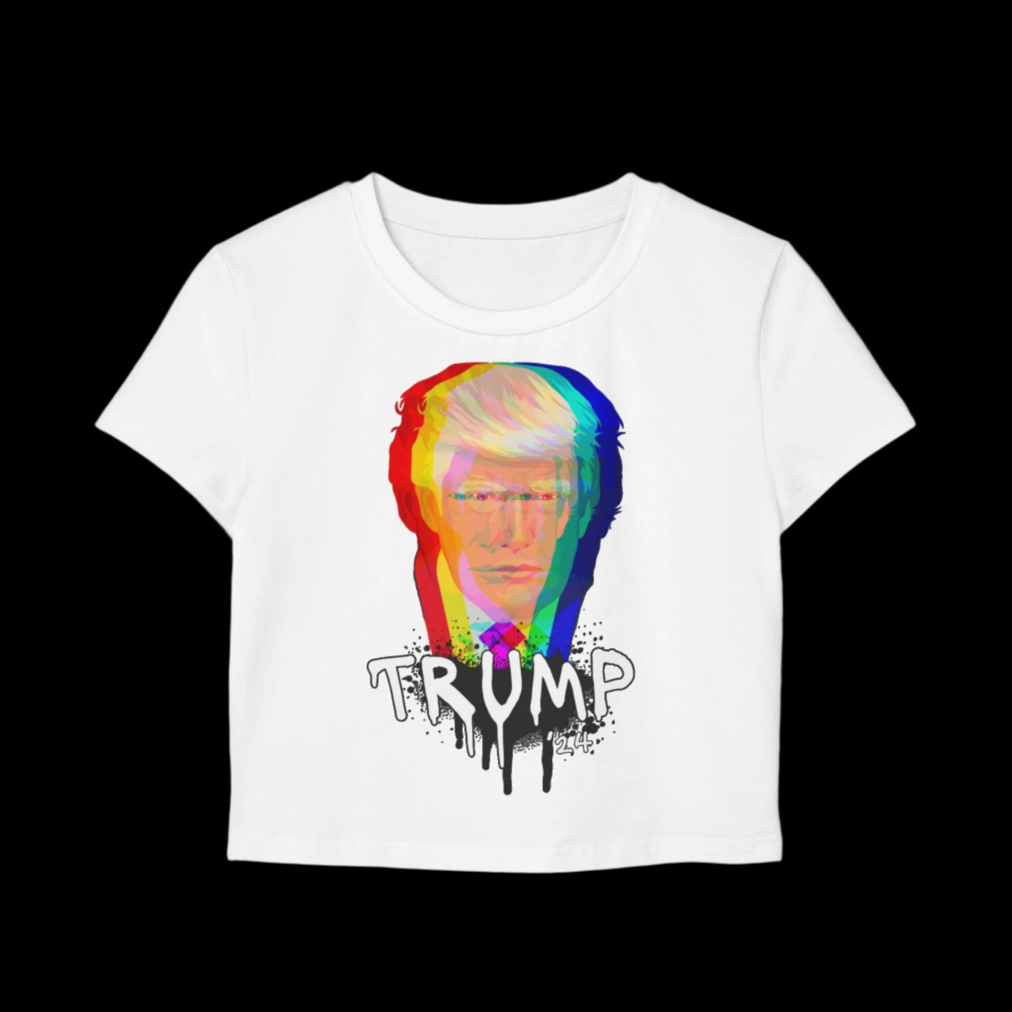 A white baby tee featuring a colorful, distorted portrait of a face with the word TRUMP dripping below it. The black background enhances the vivid glitch effect, reminiscent of graffiti art. Made from organic cotton for a soft, eco-friendly feel.