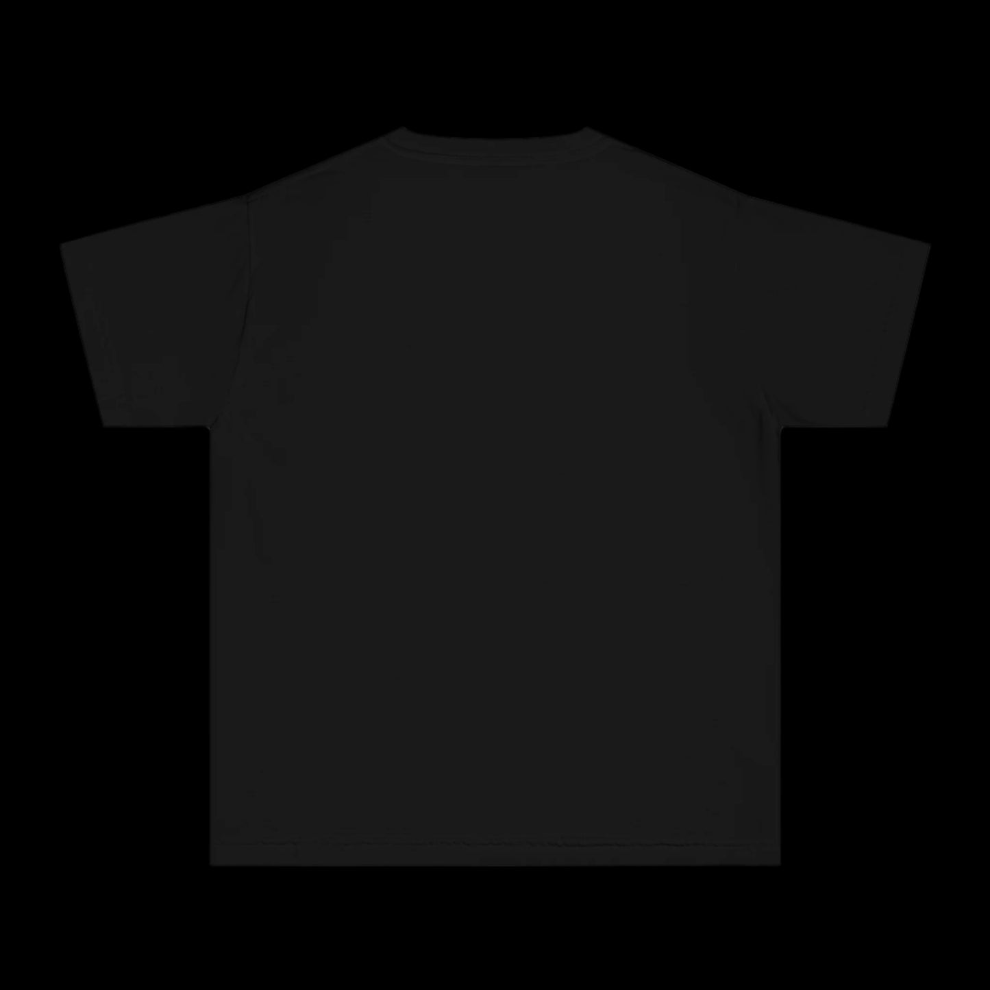 A black T-shirt with a vintage look, displayed against a black background. This garment-dyed piece features a plain design with short sleeves and a round neckline, crafted from 100% cotton for added comfort.