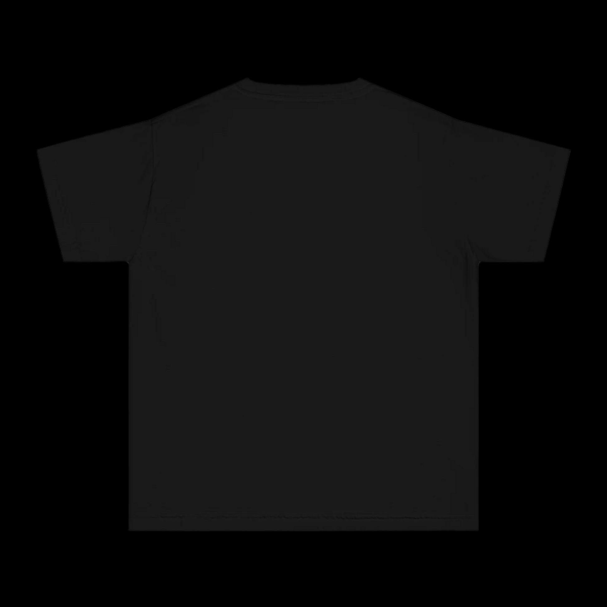 A black T-shirt with a vintage look, displayed against a black background. This garment-dyed piece features a plain design with short sleeves and a round neckline, crafted from 100% cotton for added comfort.