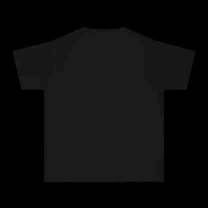 A black T-shirt with a vintage look, displayed against a black background. This garment-dyed piece features a plain design with short sleeves and a round neckline, crafted from 100% cotton for added comfort.