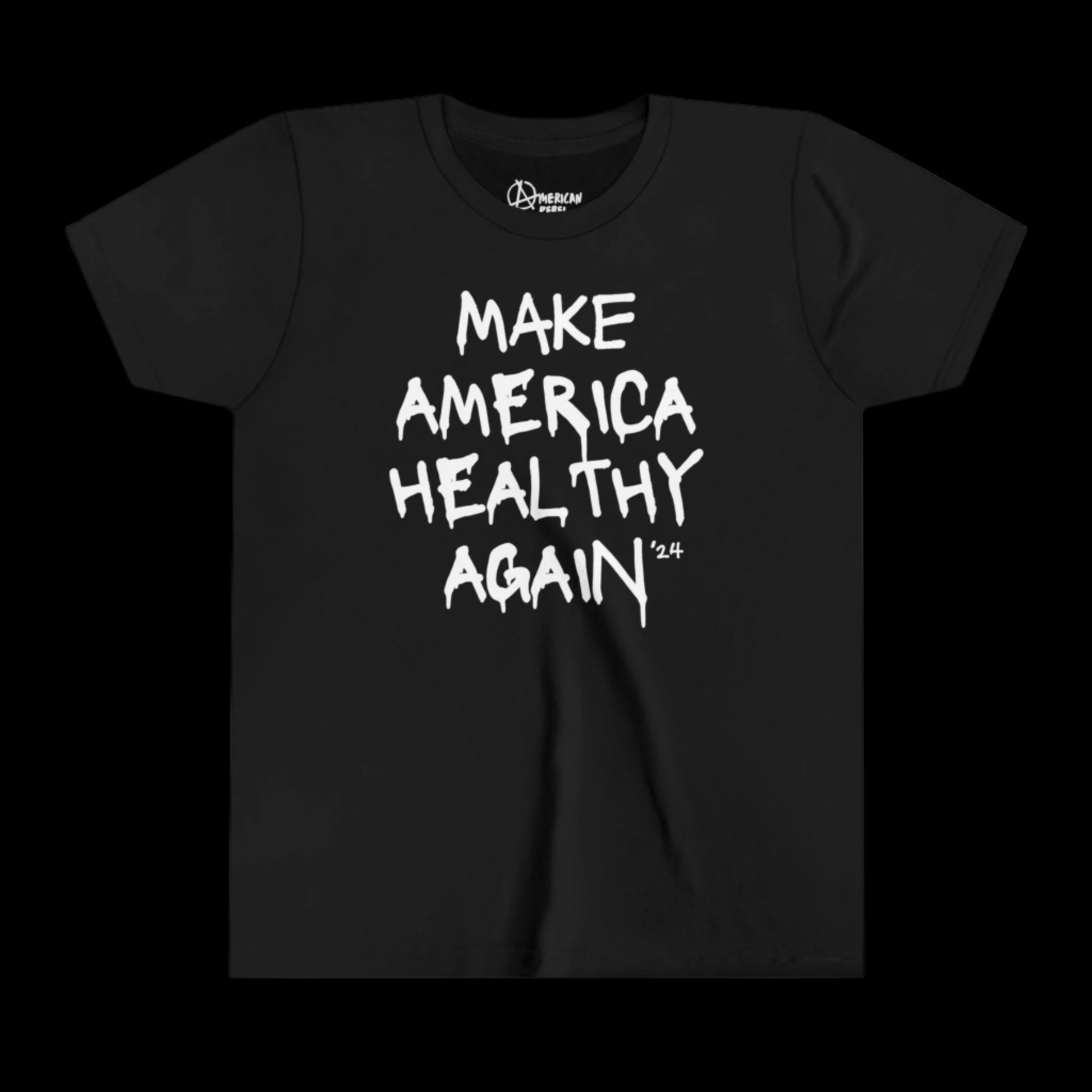 A black Youth Tee crafted from 100% cotton features bold white text that reads Make America Healthy Again 24.