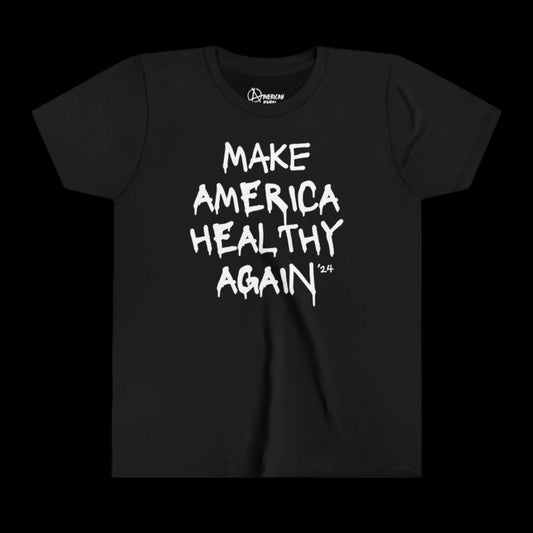 A black Youth Tee crafted from 100% cotton features bold white text that reads Make America Healthy Again 24.