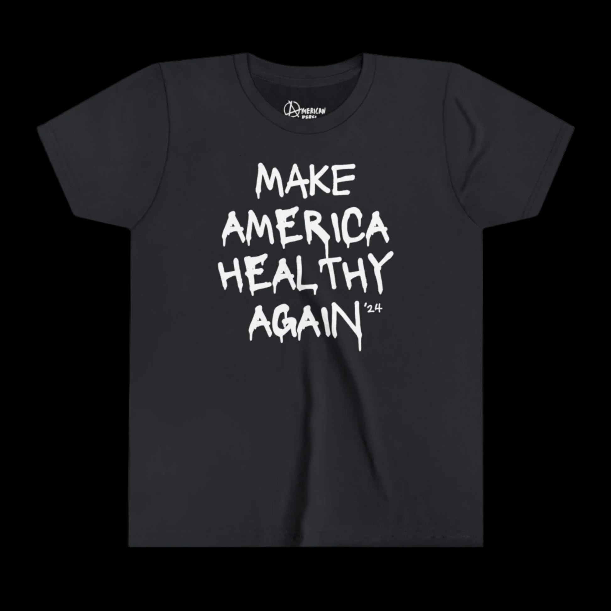 Youth Tee crafted from 100% cotton, featuring a vintage black design with the slogan Make America Healthy Again 24 in bold, white, hand-written style font.