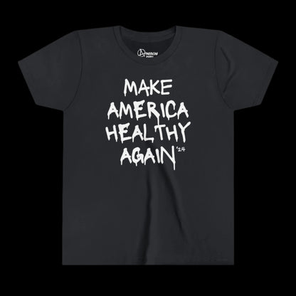 Youth Tee crafted from 100% cotton, featuring a vintage black design with the slogan Make America Healthy Again 24 in bold, white, hand-written style font.